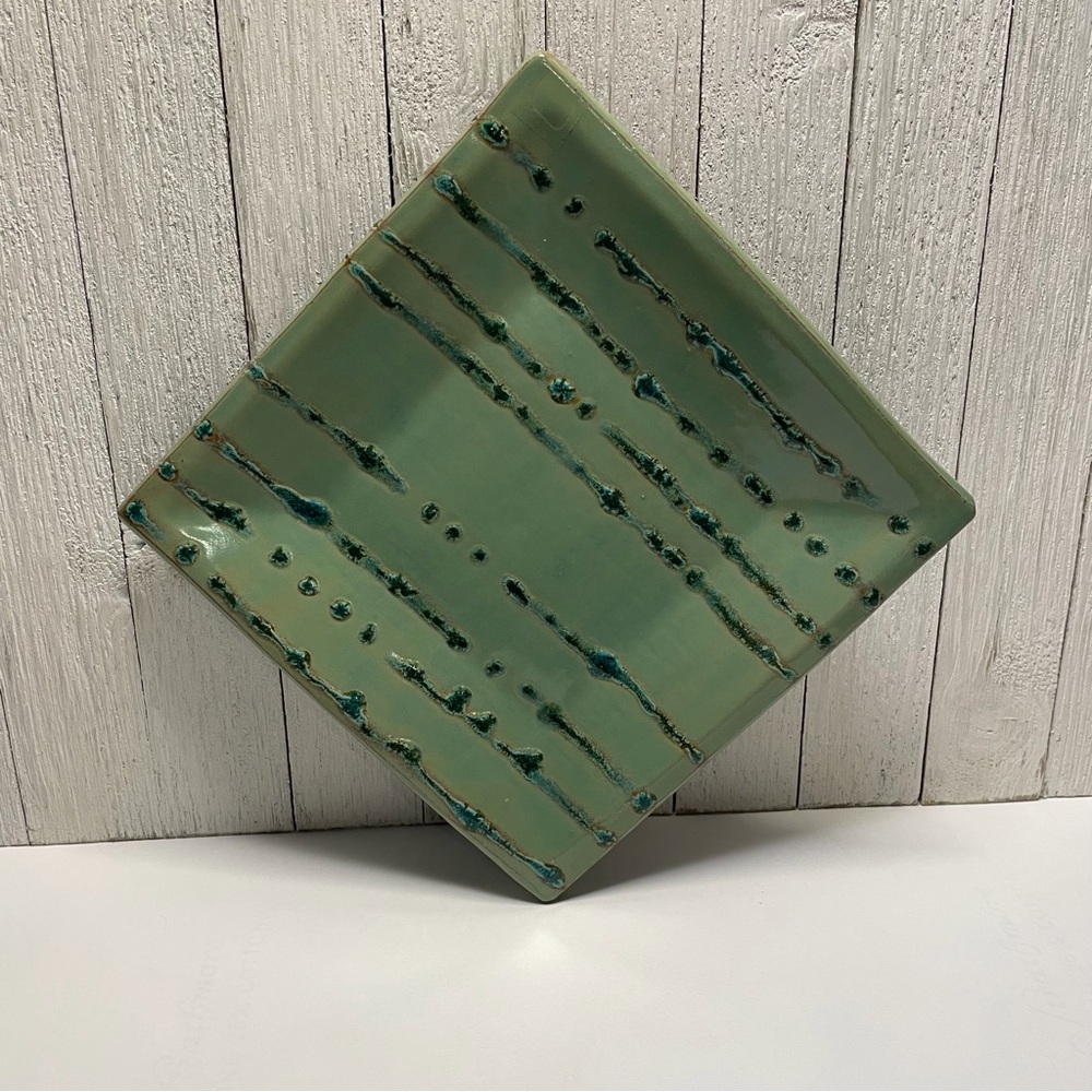 Lynne Norwood Lofton Pottery Tray/Display SIGNED Greens/Blues/Teals 8.5” X 8.5”